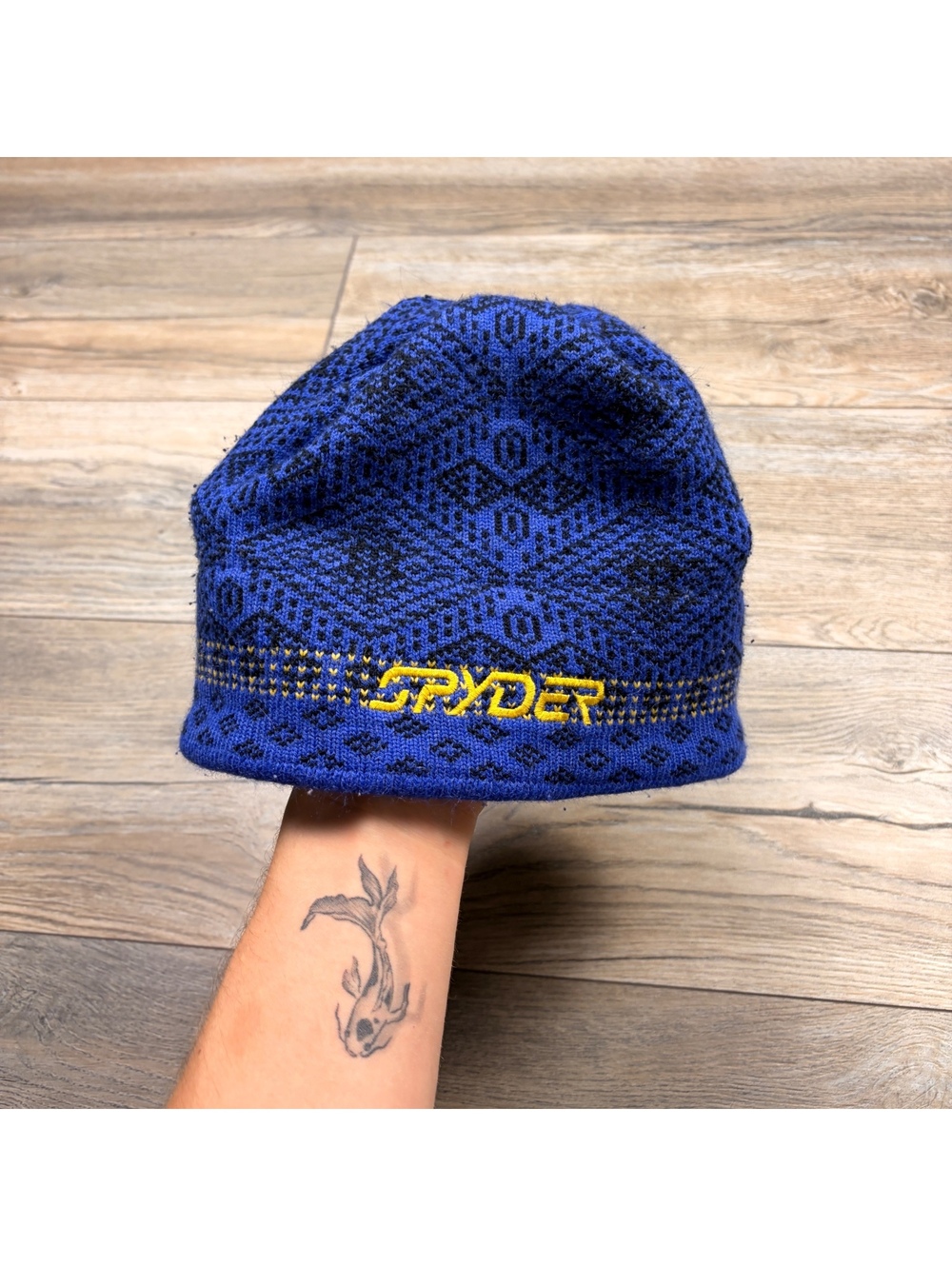Spyder Blue and Black Knit Beanie Hat with Fleece Lining
